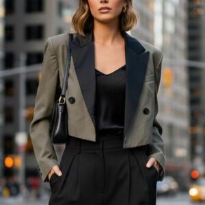 Sacai Japan Hybrid Tuxedo Cropped Satin Lapel Oversized Olive Jacket Sz 2 NWT